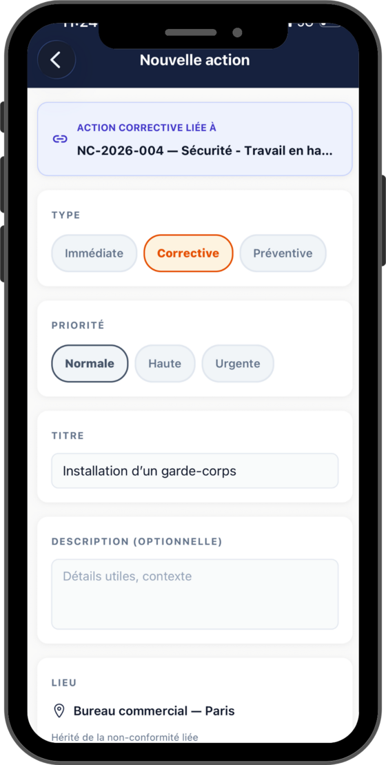 Une action corrective NOVYSTA sur mobile