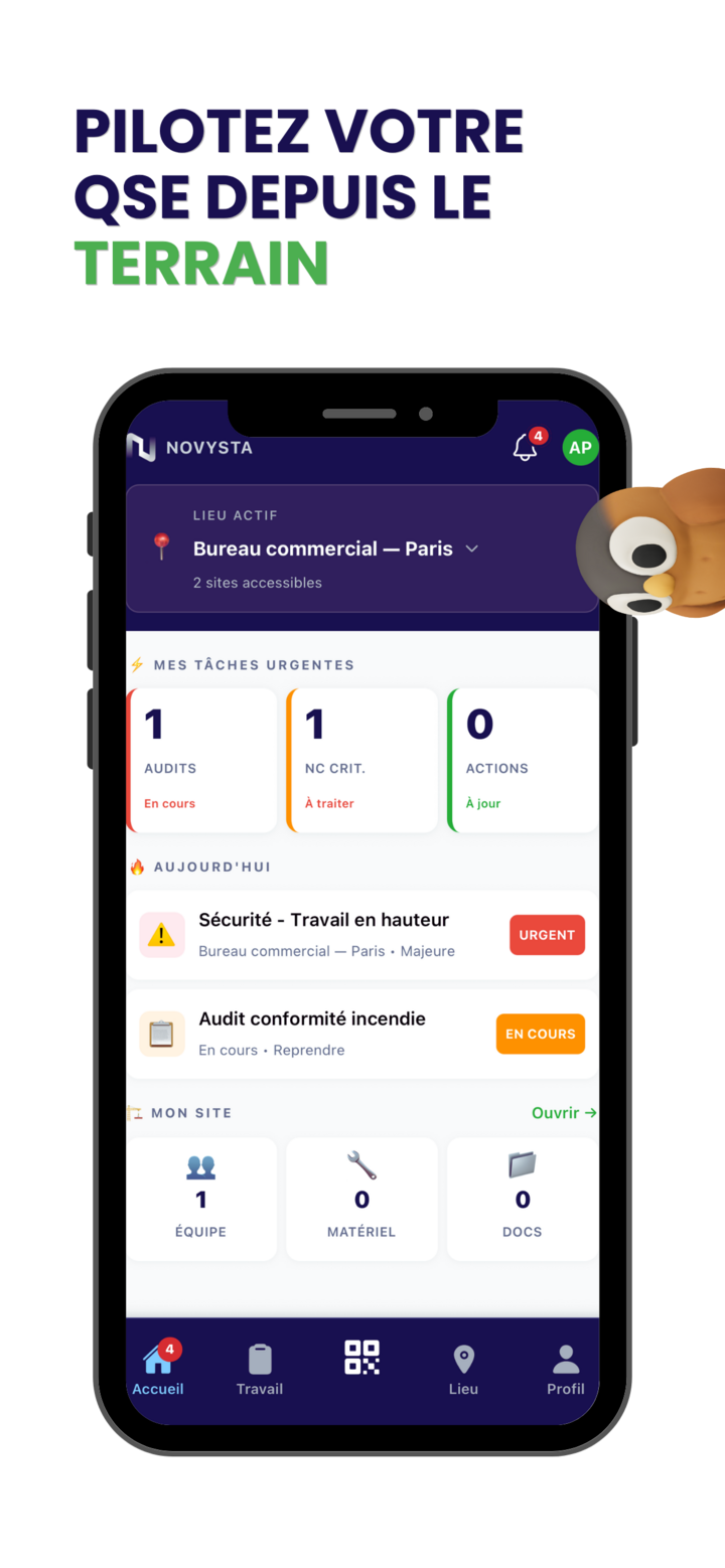 Application mobile NOVYSTA QHSE : tableau de bord terrain avec audits, non-conformit&eacute;s et actions