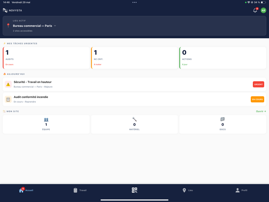 Le tableau de bord NOVYSTA QHSE sur tablette