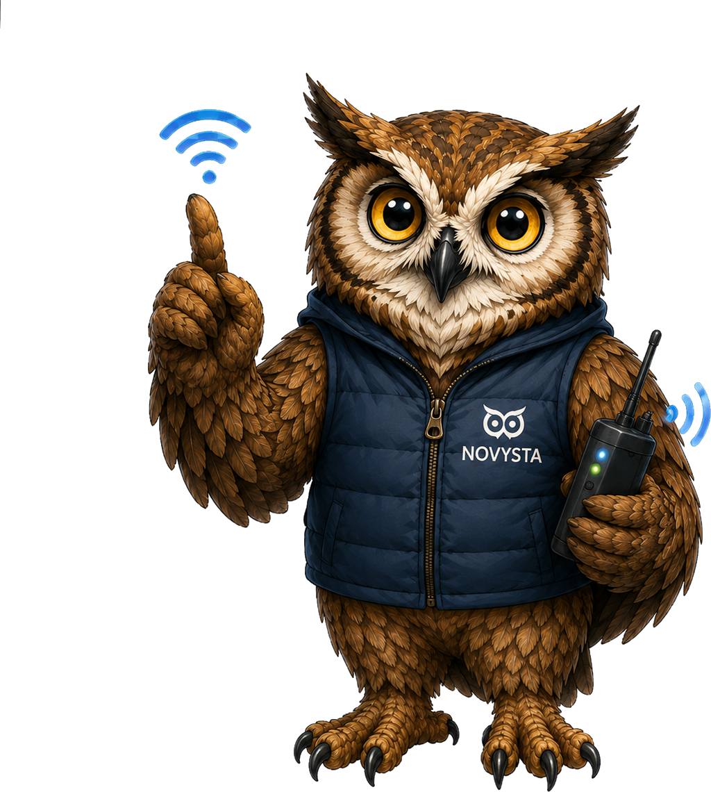 La mascotte NOVYSTA, talkie-walkie en main