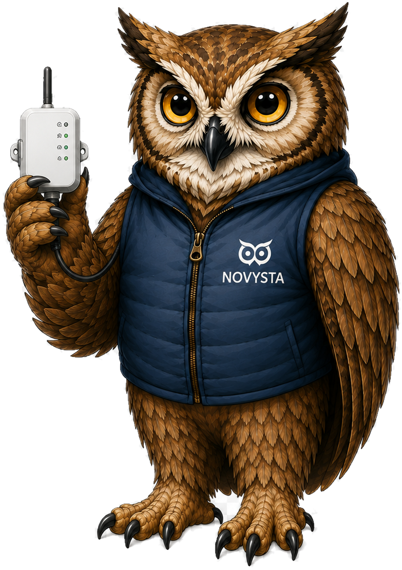 La mascotte NOVYSTA pr&eacute;sente un capteur connect&eacute;
