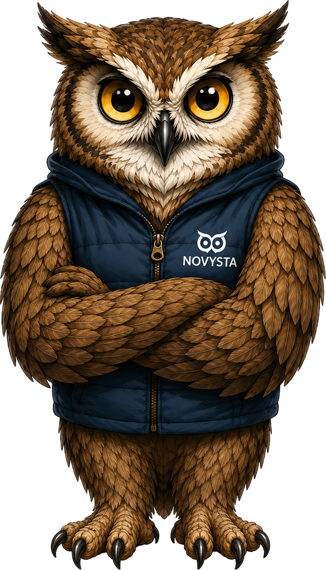 La mascotte NOVYSTA, bras crois&eacute;s