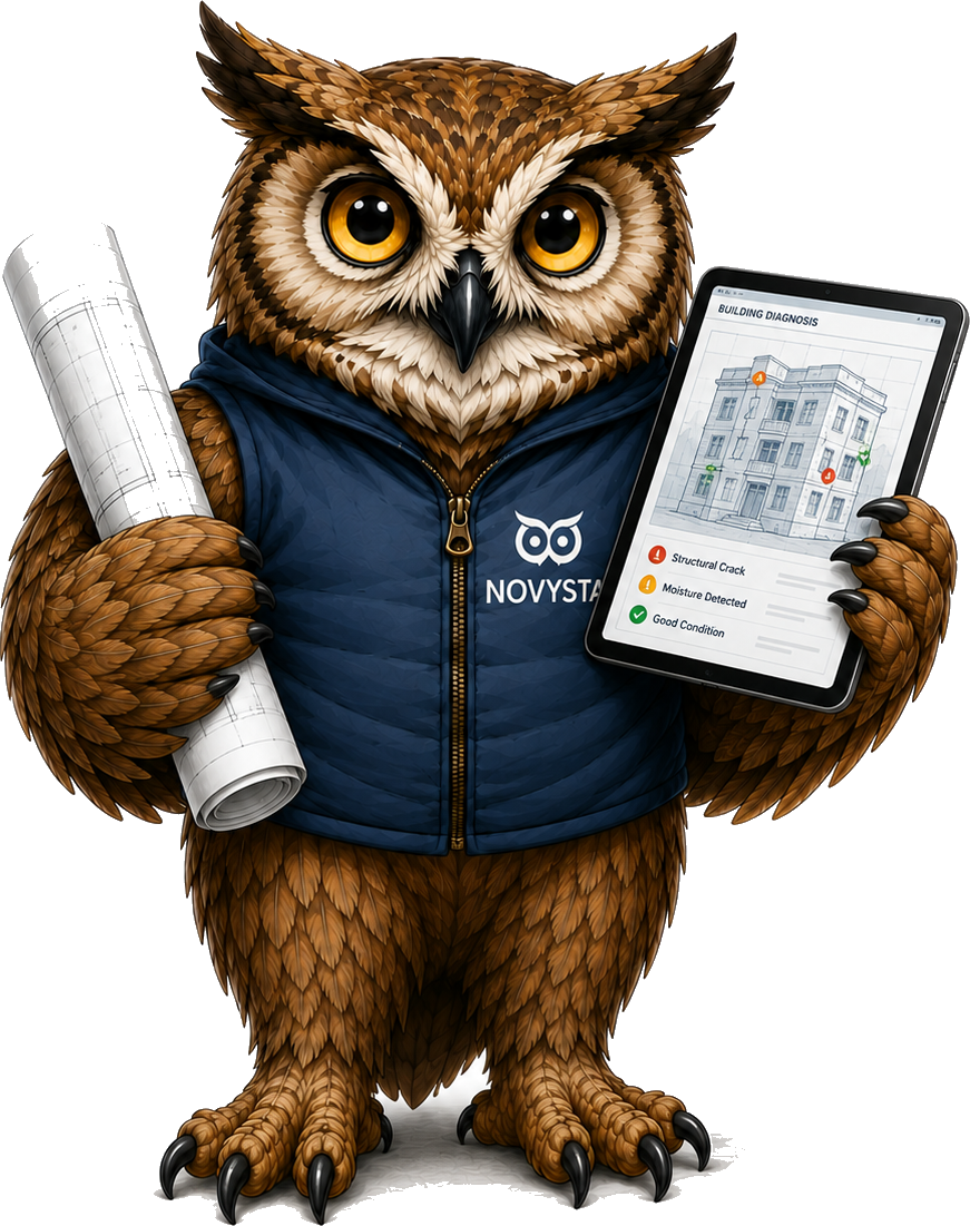 La mascotte NOVYSTA, plans sous l'aile et diagnostic b&acirc;timent sur tablette